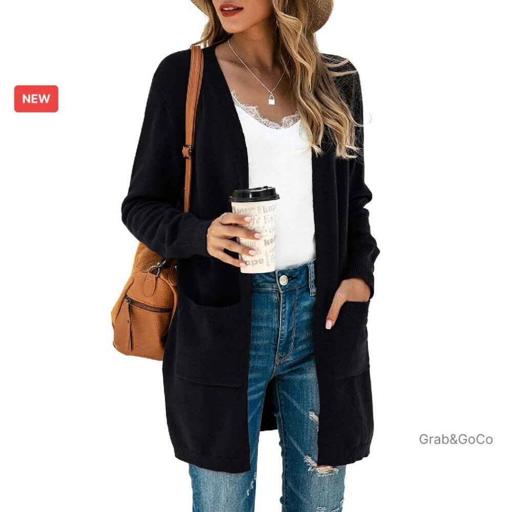 Oversized Kimono Cardigan Long Sleeve Open Front Knit Sweater Soft Pockets